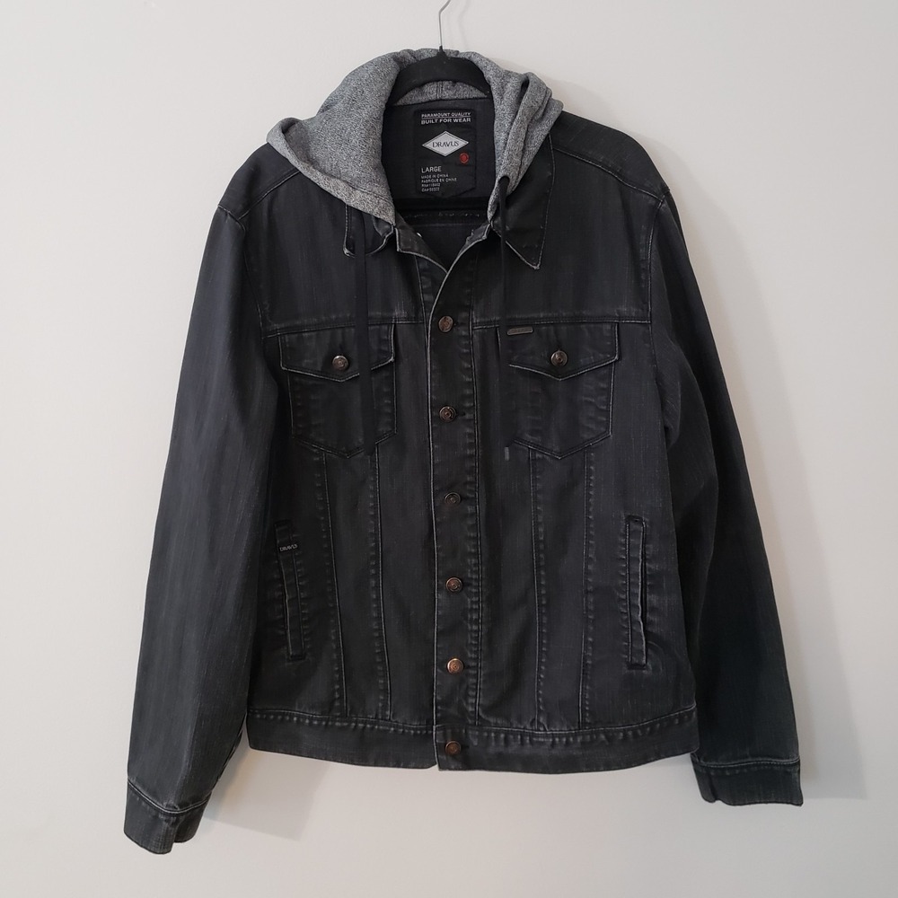 Dravus Mens Hooded Denim Jacket Large Button Up Workwear Rugged Pockets Black